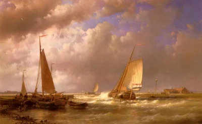 abraham hulk dutch barges at the mouth of an estuary