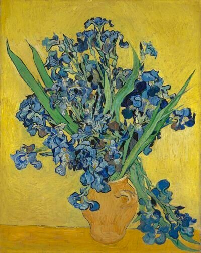 Vase with Irises Against a Yellow Background