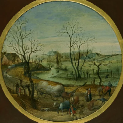 abel grimmer a winter landscape with peasants on a path 1579