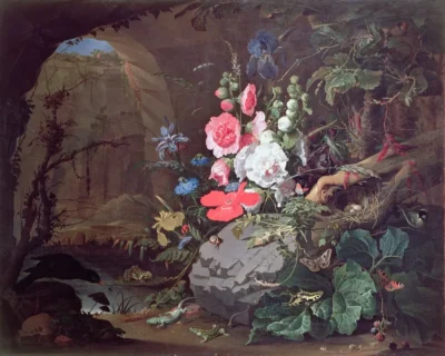 abraham mignon flowers and birds in a cave