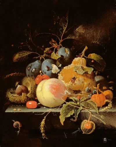 abraham mignon still life of fruit and nuts on a stone ledge