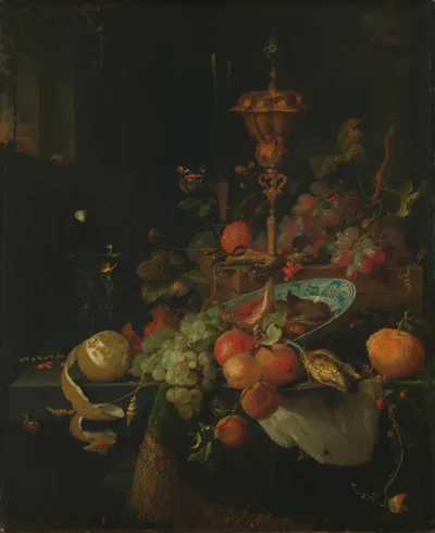 abraham mignon still life with fruit and a beaker on a cock's foot