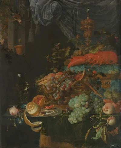 abraham mignon still life with fruit and a goldfinch