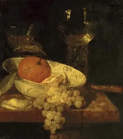 Abraham van Beyeren_A roemer and a facon de Venise, oranges in a Wan-Li kraak porcelain bowl, an oyster, grapes and a knife on a table