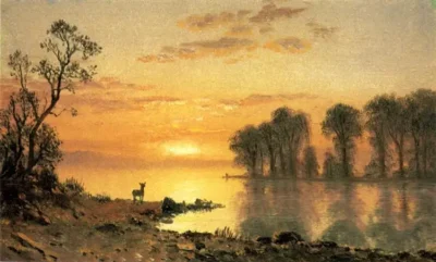 albert bierstadt sunset, deer, and river