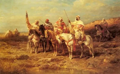 adolf schreyer arab horsemen by a watering hole