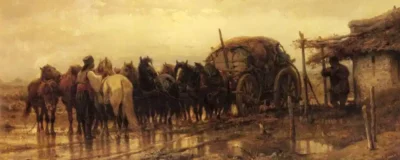 adolf schreyer hitching horses to the wagon