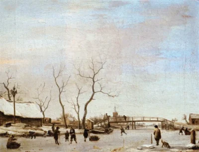 adriaen van de velde frozen canal with skaters and hockey players