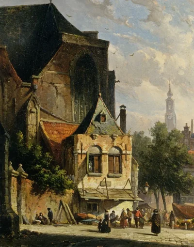 adrianus eversen a busy market in a dutch town