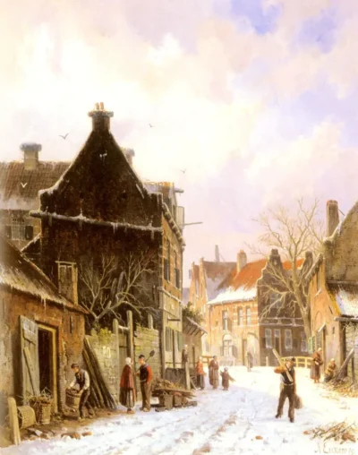 adrianus eversen a village street scene in winter