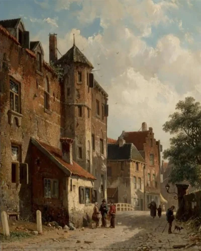 adrianus eversen view of a sunlit dutch street scene