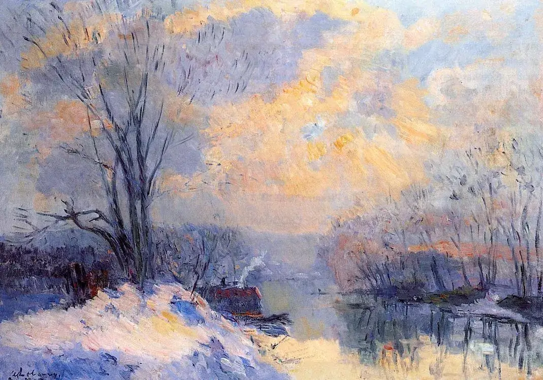 albert lebourg the small branch of the seine at bas meudon snow and sunli